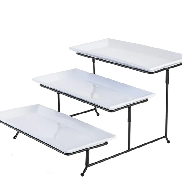 Gibson Home Gracious Dining Dinnerware, 3-Tier Rectangle Plate Set with Metal St - Picture 3 of 5